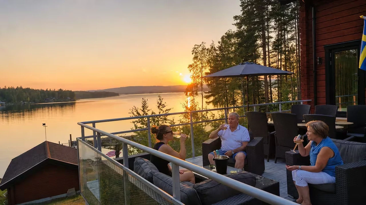 Sunset from the terrace at Lake House Dalarna