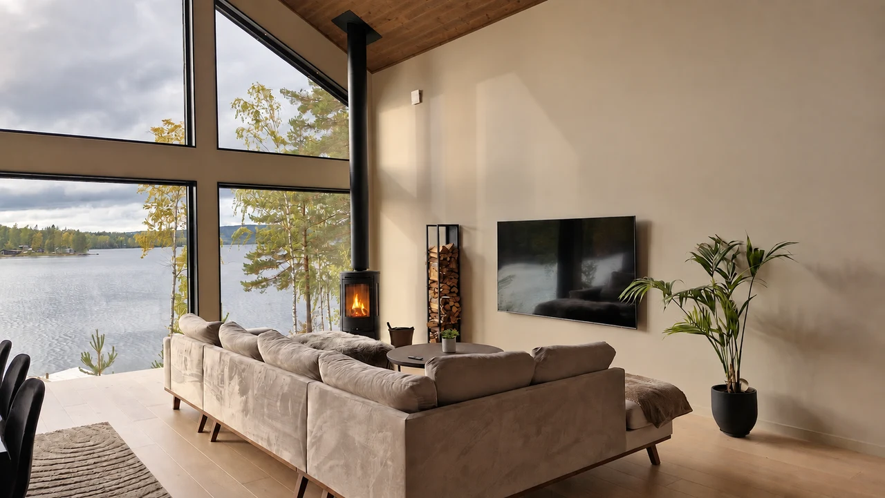 Living room with lake views, fireplace and 75-inch TV