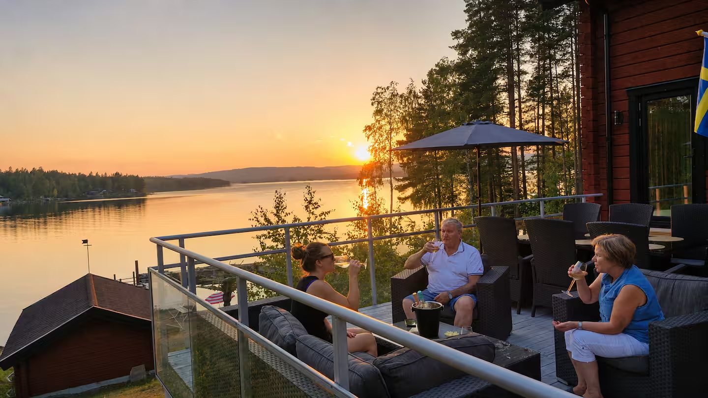 Sunset from the terrace at Lake House Dalarna