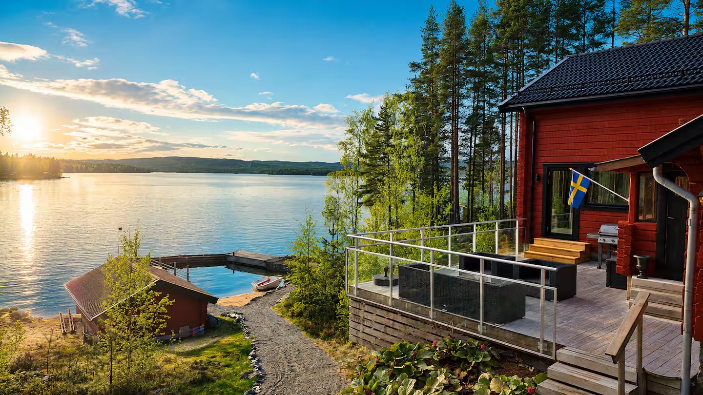 Terrace and lake view at Lake House Dalarna