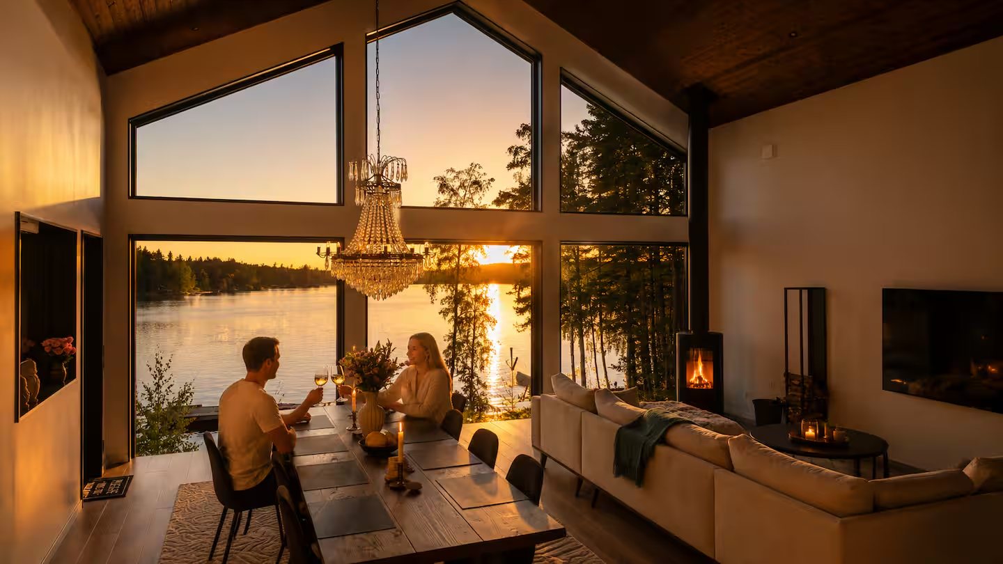 Living room with lake view at sunset