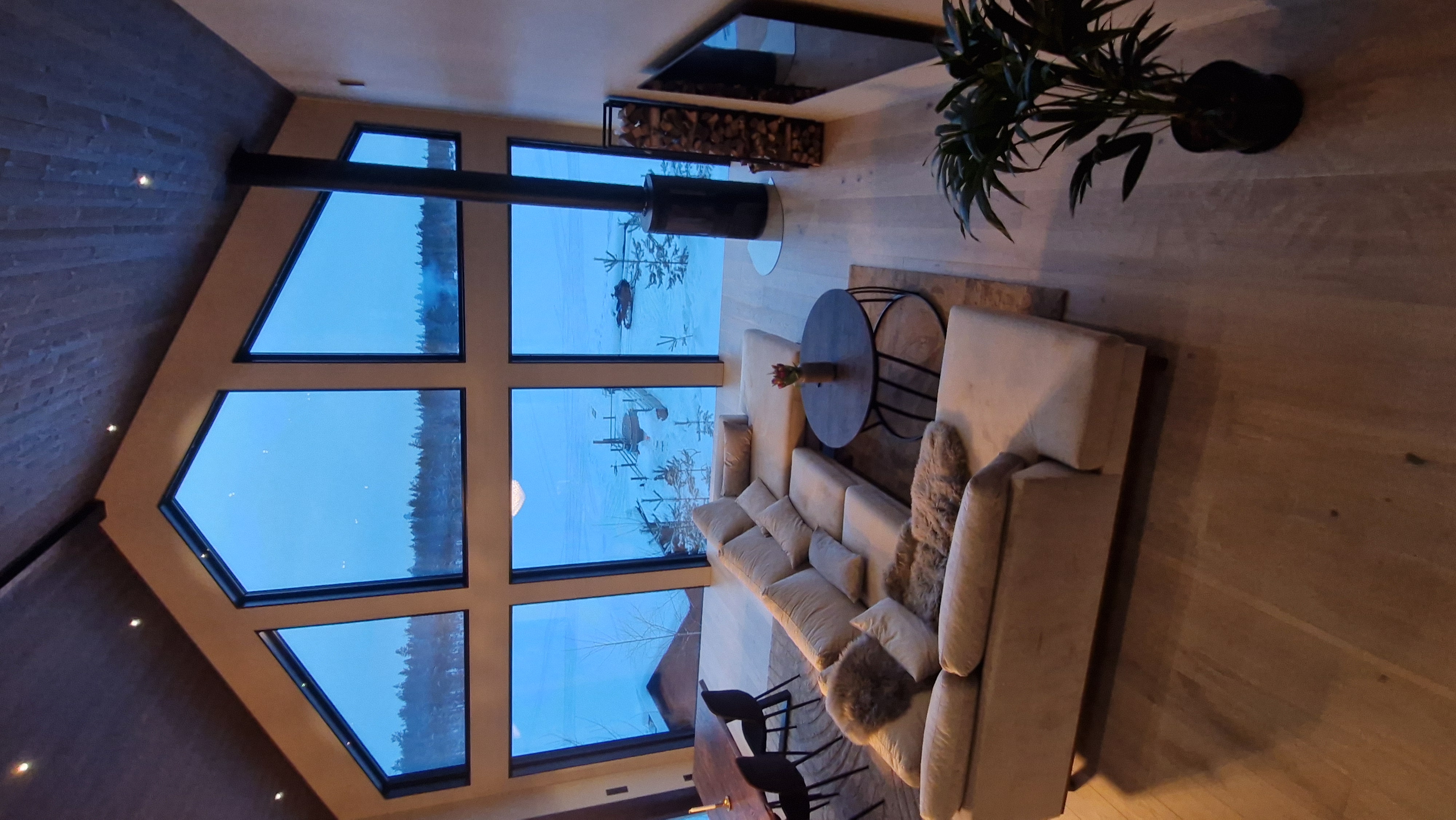 The finished living room with a winter view over the lake.