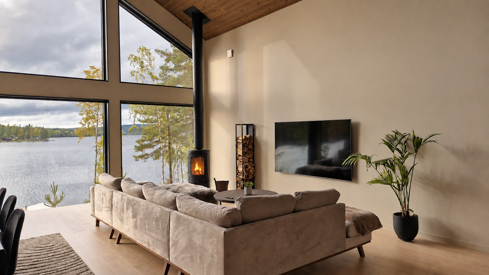 Living room with lake views, fireplace and 75-inch TV