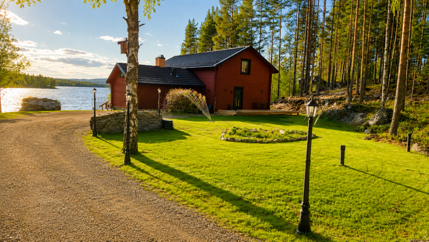 Lake house exterior at sunset